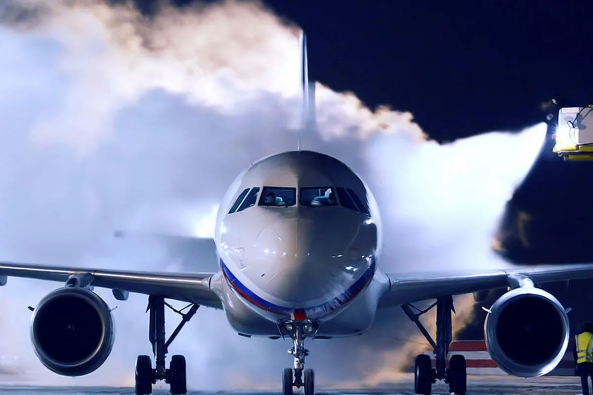 Airplane being de-iced at airport runway during winter