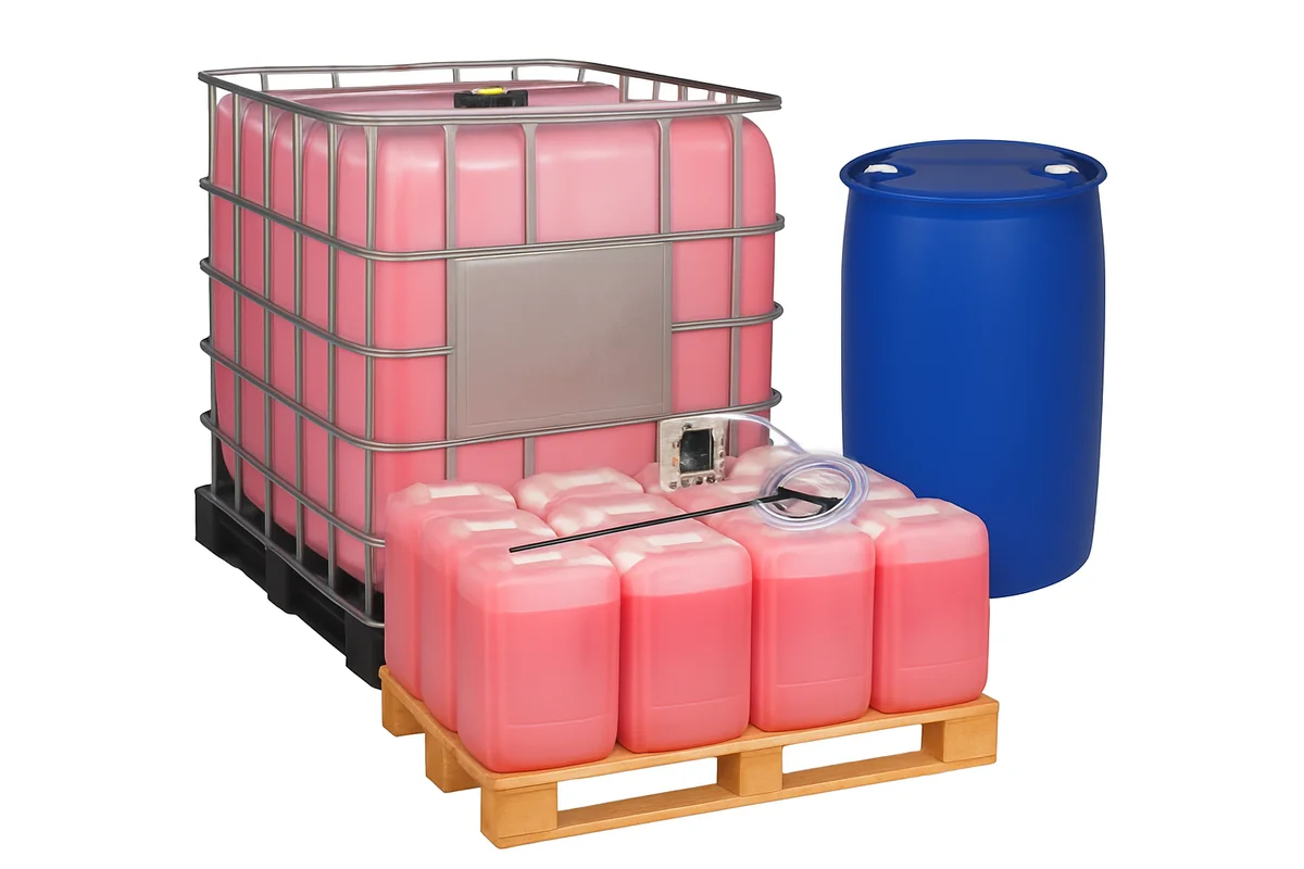 Metox S-3000 ambalaj tipleri: IBC tank, mavi bidon ve palet üzerinde pembe jerry canler